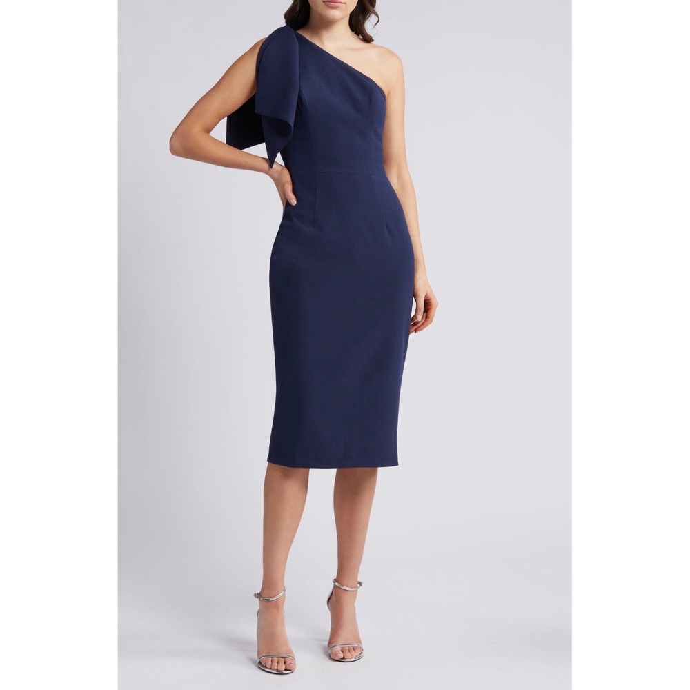 New! Dress the Population Tiffany One Shoulder Midi Dress Midnight Blue Medium - Picture 2 of 9
